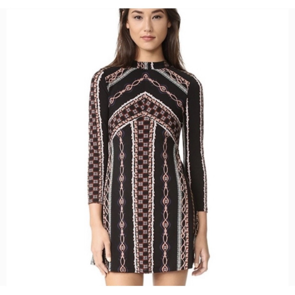 FREE PEOPLE Black Geometric Mock Neck A-Line Mini Dress